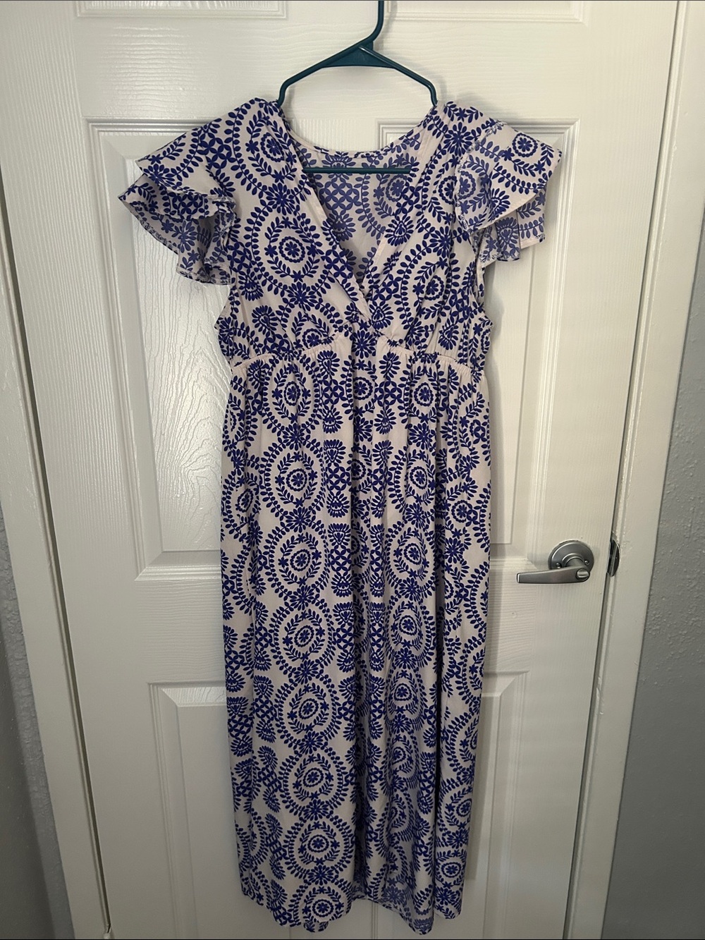 Hand Crafted White Maxi Dress with Blue Floral Print